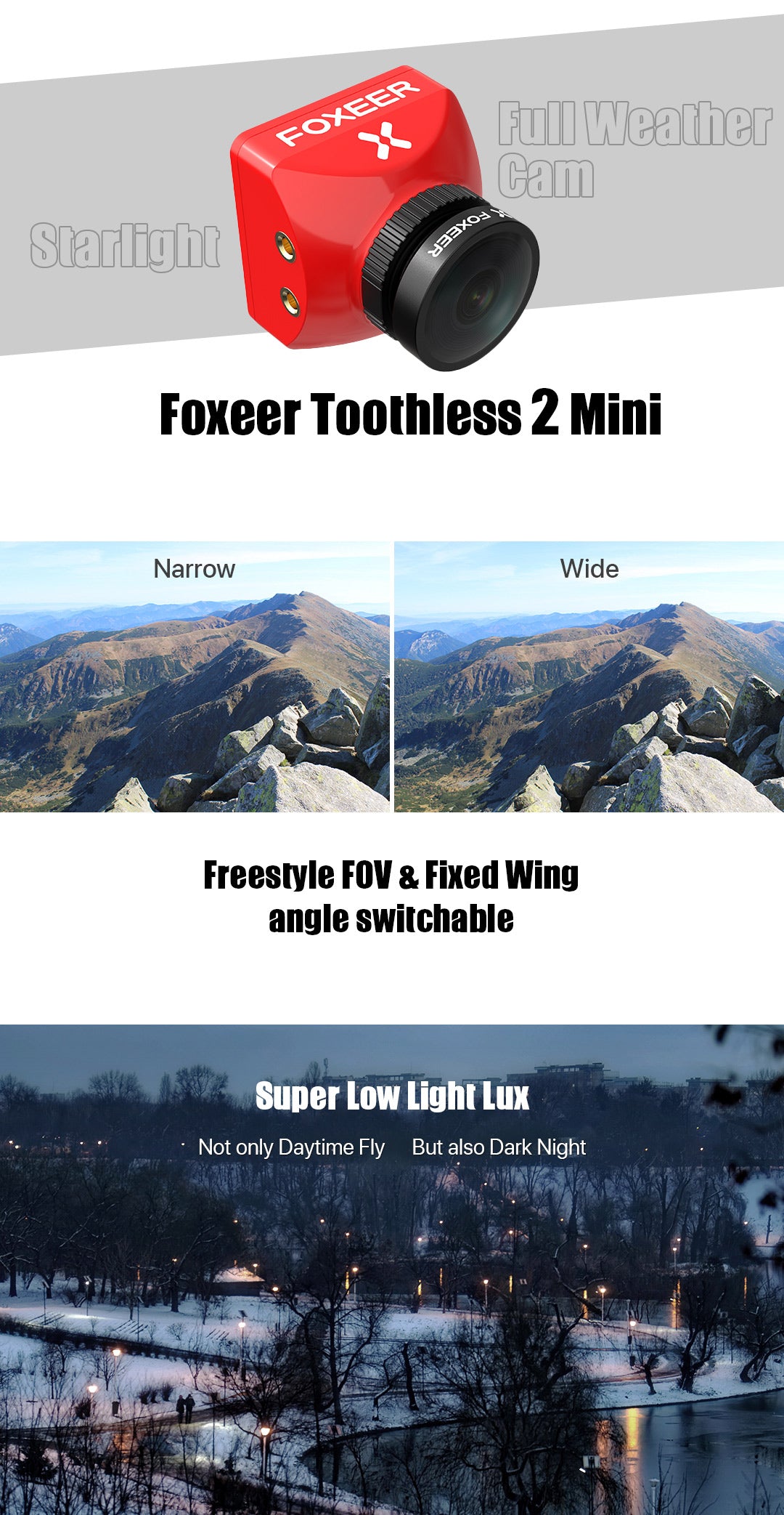 The Foxeer Mini/Full Toothless 2 camera has a wide field of view and adjustable design for good performance in both daylight and nighttime conditions.