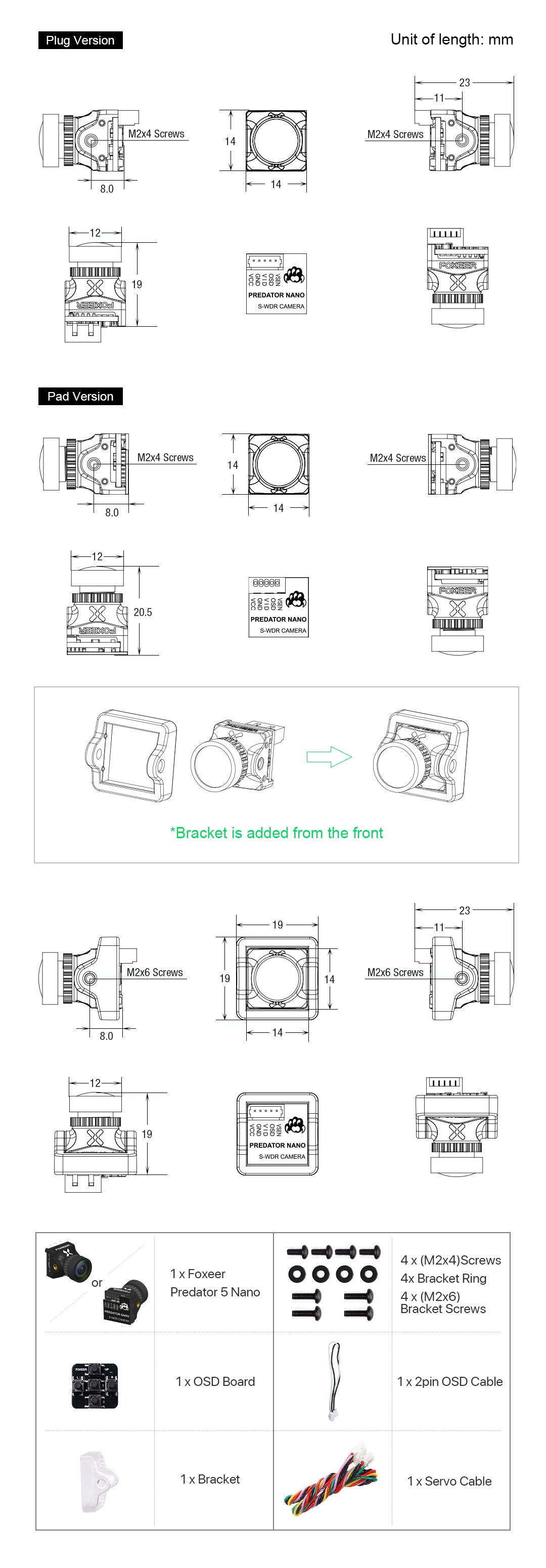 The Foxeer Nano Predator 5 Racing Camera has a compact design, measuring 23mm long, with various screw types for easy installation.