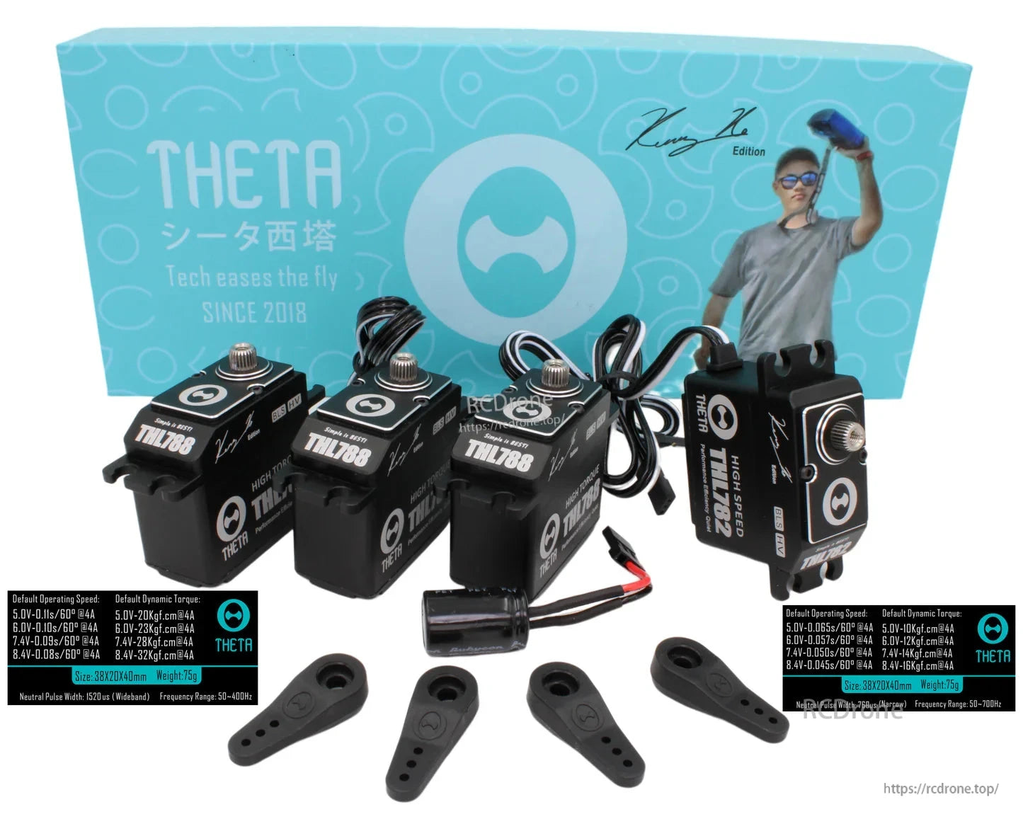 Theta Kenny Ko Edition Servo, Theta Kenny Ko Edition RC servo set with THL788 and THL782 servos, wiring leads, servo horns, and branded box