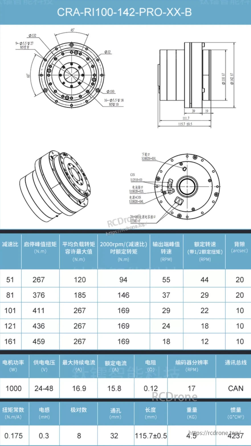 Ti5 Pro Actuator, CRA-RI100-142-PRO-XX-B: 1000W motor, 24-48V, 15.8A, 17 RPM, CAN bus, 4.5kg, 115.7mm, multiple gear ratios with torque/speed specs.