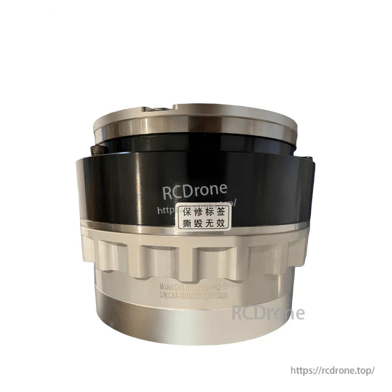 Rear/side profile of robot joint motor module with black outer sleeve and tamper label