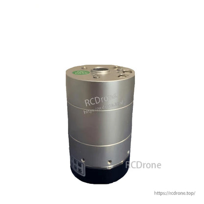 Full height side profile showing stacked cylindrical body and top plate with center bore