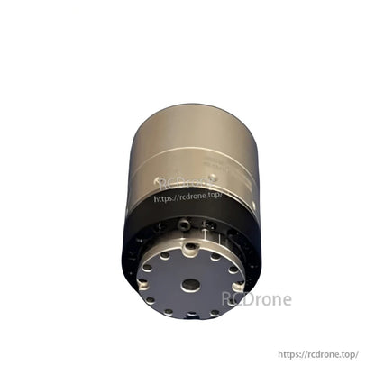 Side view of robot joint module motor showing base flange with center hole and circular screw pattern