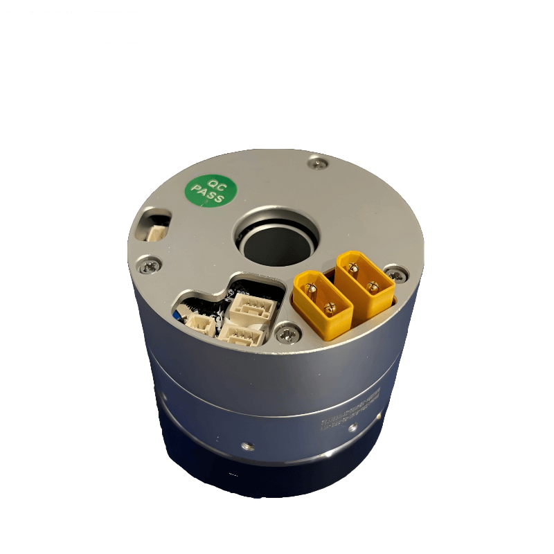 Motor joint module top view showing yellow power connectors and small signal ports on housing