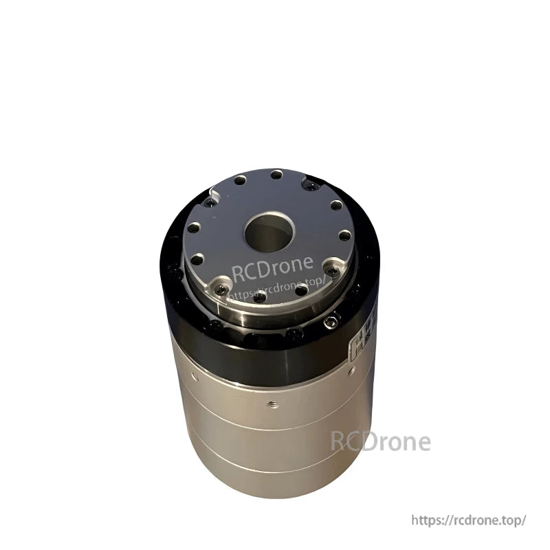 Angled view of motor joint module showing output flange, black band, and mounting screw holes