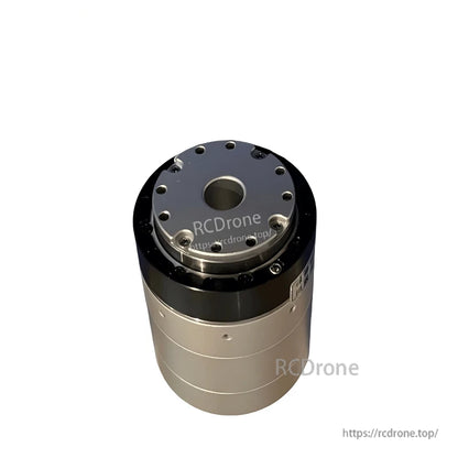 Angled view of motor joint module showing output flange, black band, and mounting screw holes
