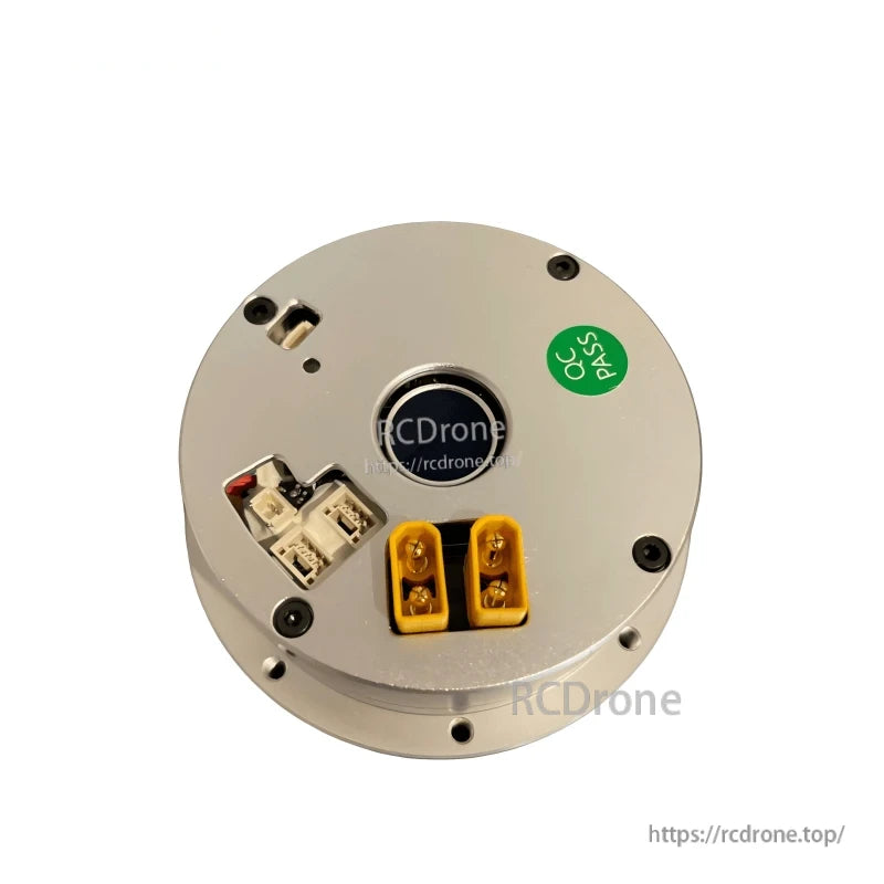 Top view of Ti5 ROBOT motor joint module showing two yellow connectors and small white signal ports