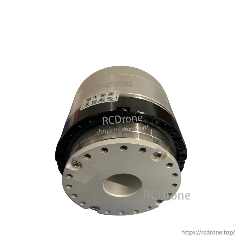 Angled underside view showing mounting flange bolt circle, black ring section, and side label position