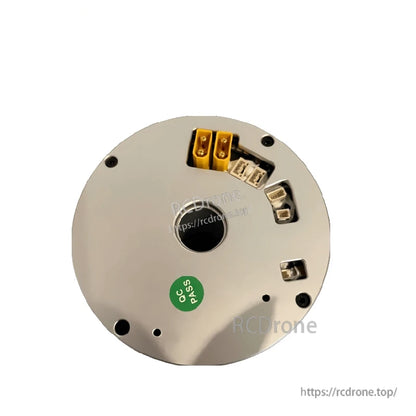 Connector close-up on faceplate with yellow power terminals, white plug ports, and metal connector cutouts