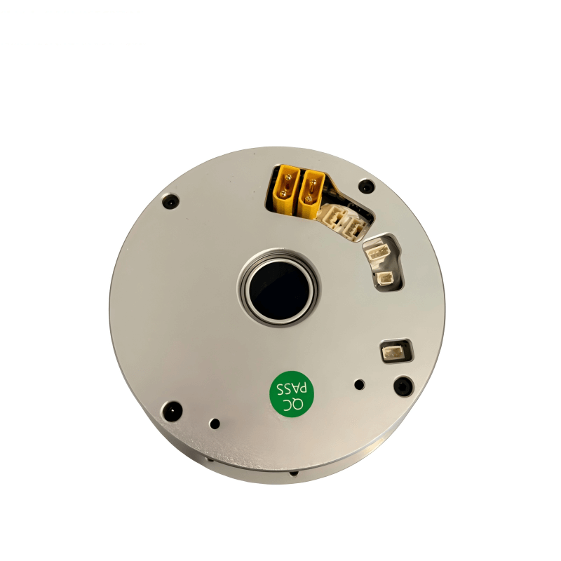 Top view showing center bore and wiring connectors on the Ti5 ROBOT CRA-RI70-90-PRO joint module