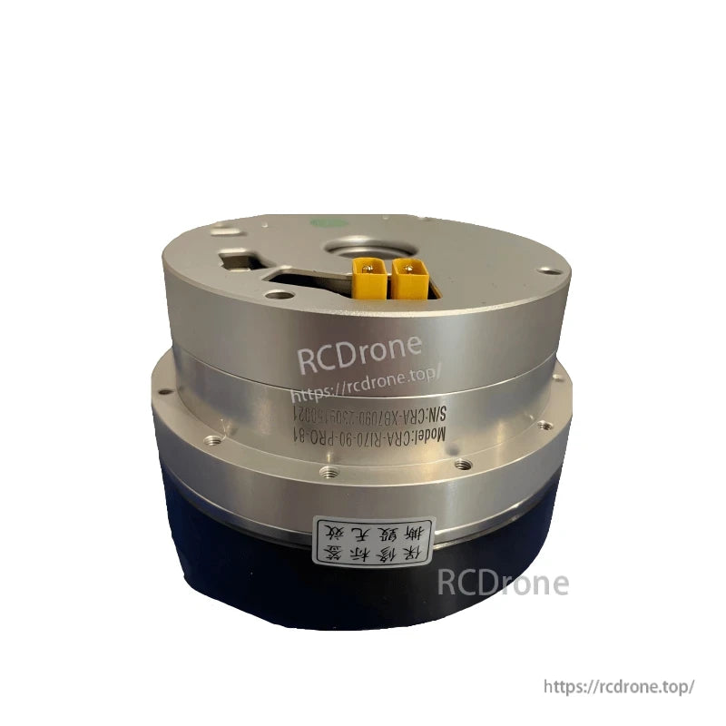 Side view of CRA-RI70-90-PRO motor joint module housing with engraved model text and power connectors