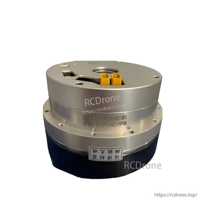 Side view of CRA-RI70-90-PRO motor joint module housing with engraved model text and power connectors