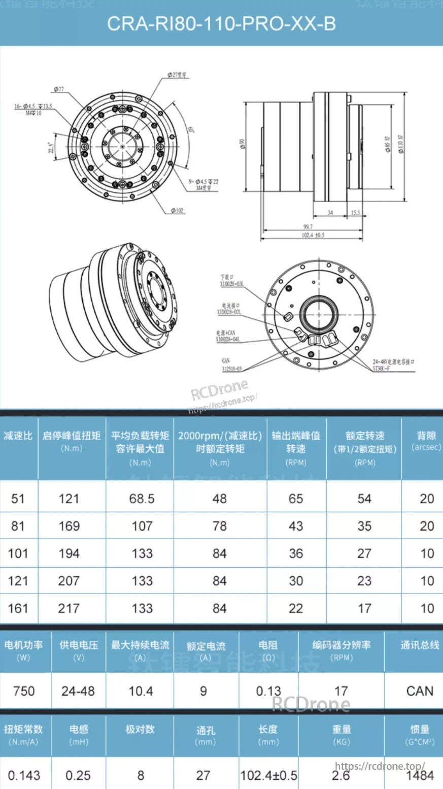 Ti5 Robot Joint Actuator, The Ti5 CRA-RI80-110-PRO-XX-B robot joint actuator offers 750W power, 24–48V input, CAN communication, multiple gear ratios, 217N·m torque, 17-bit encoder, and weighs 2.6kg.