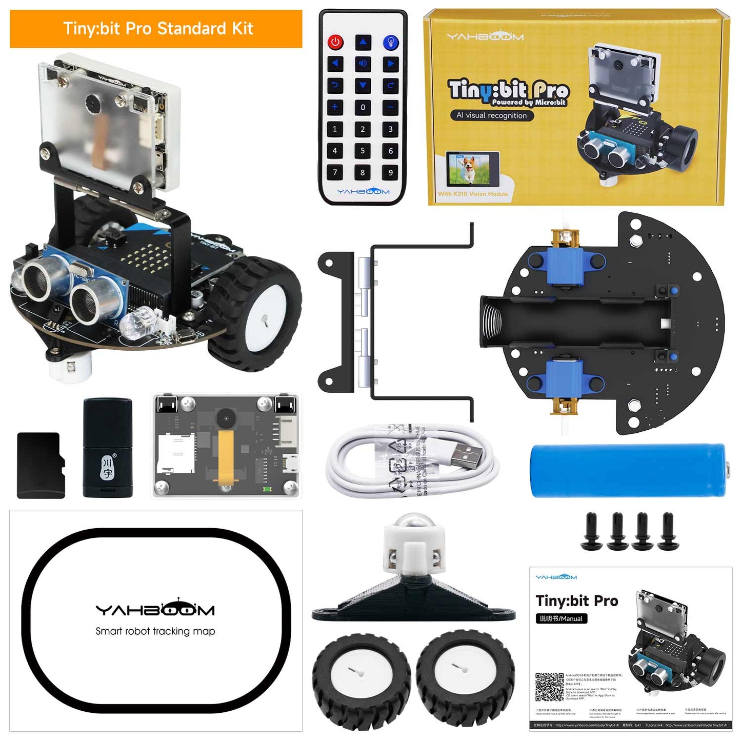 Tiny:bit Pro Standard Kit contents layout with robot car, remote, chassis parts, battery, USB cable, wheels, screws, manual