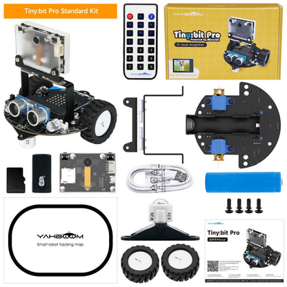 Tiny:bit Pro Standard Kit contents layout with robot car, remote, chassis parts, battery, USB cable, wheels, screws, manual