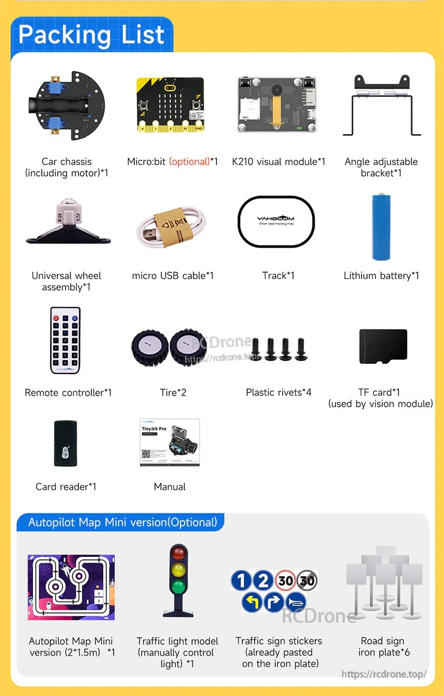 Packing list for Yahboom Tiny:bit Pro AI visual robot kit with chassis, K210 module, battery, remote, and accessories