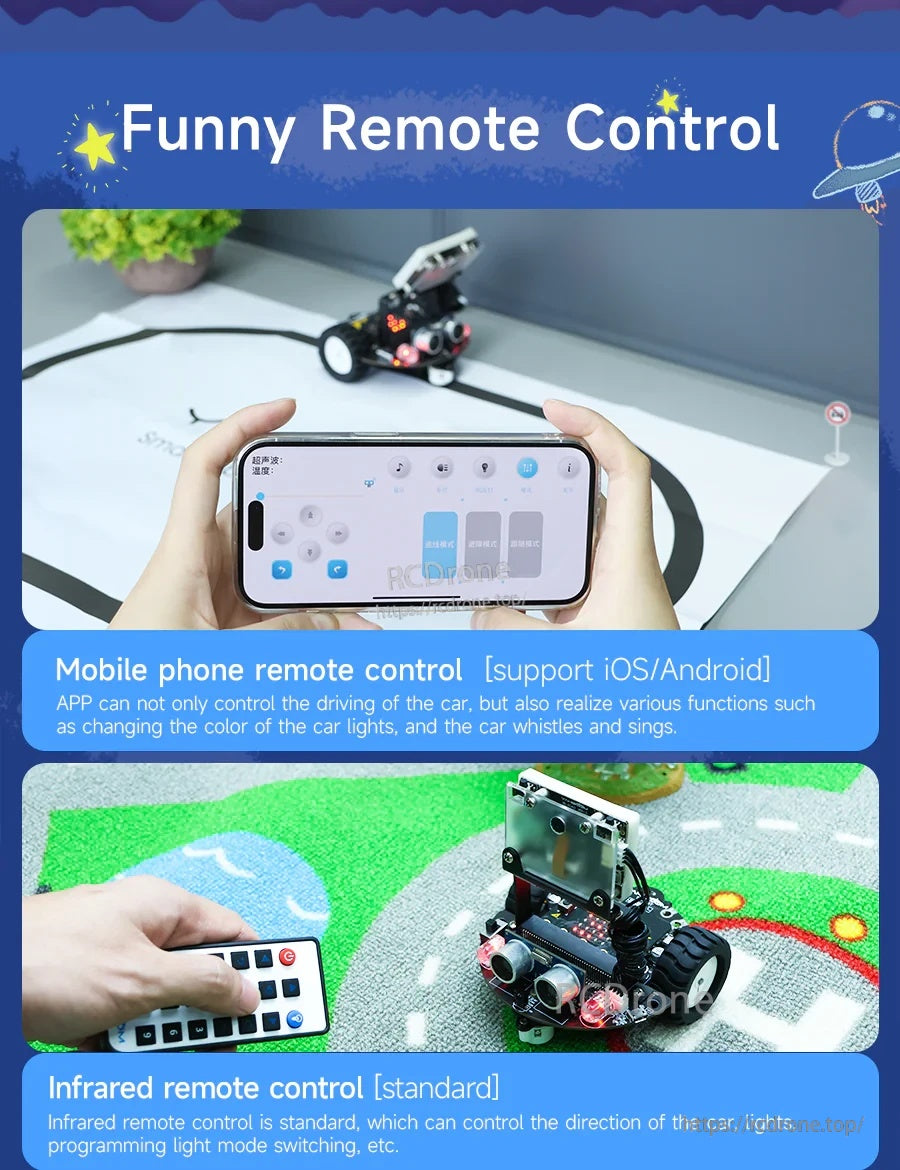 Mobile app remote control and infrared remote control options for driving and lighting effects