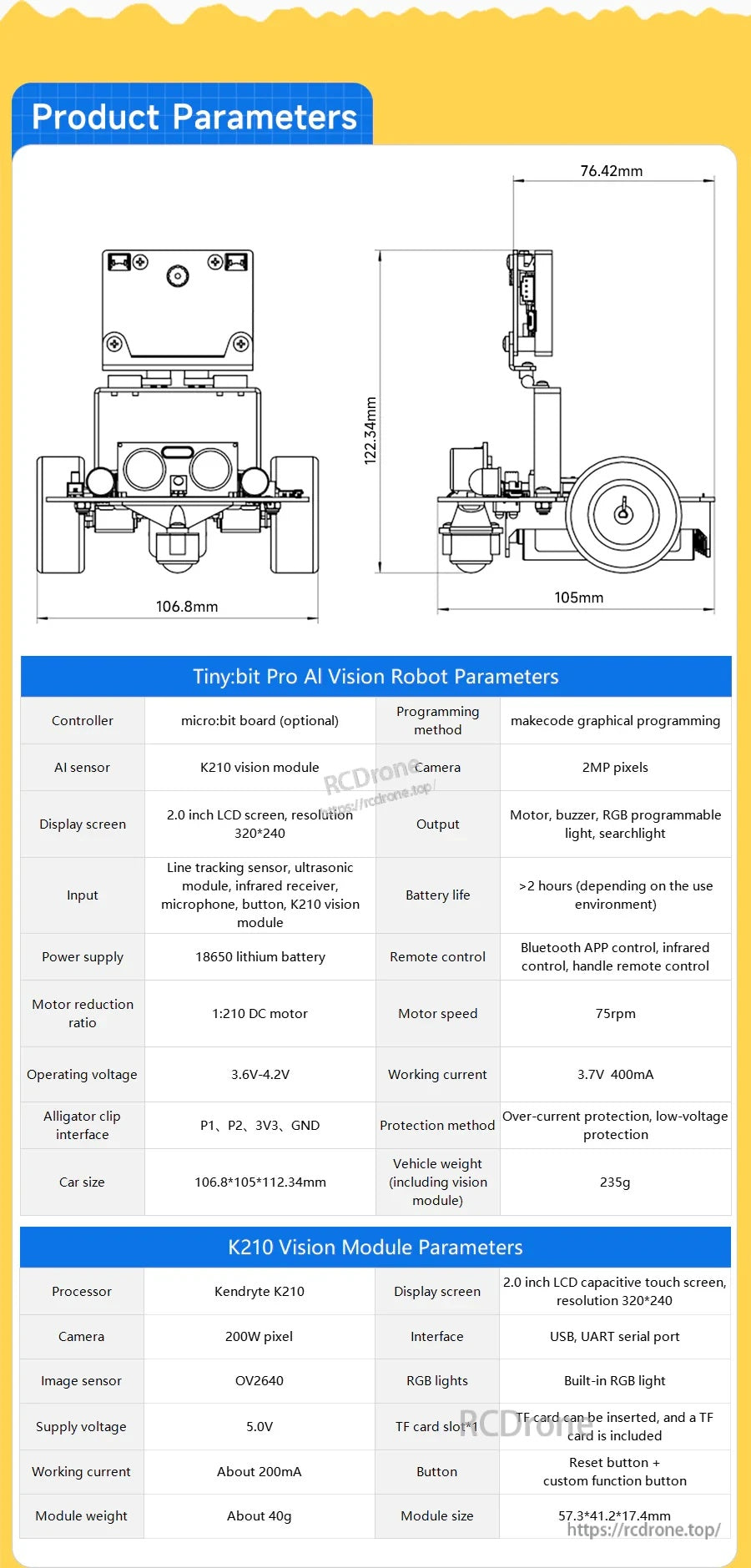 Yahboom Tiny:bit Pro AI visual robot parameter sheet with dimension drawings and key specs like K210 module