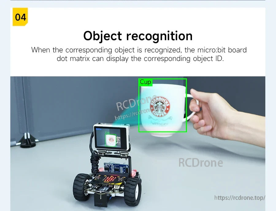 Object recognition demo detecting a cup while the robot displays recognition feedback on its screen
