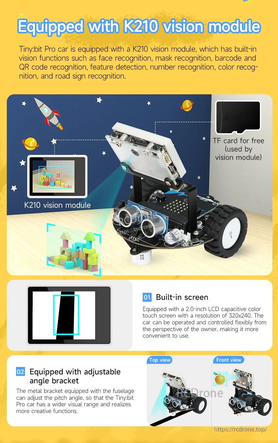 Yahboom Tiny:bit Pro AI Visual Robot highlighting K210 vision module, built-in screen and adjustable camera bracket