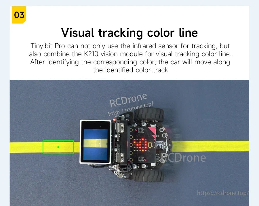 Visual tracking color line demo with robot car following a yellow tape line from a top view