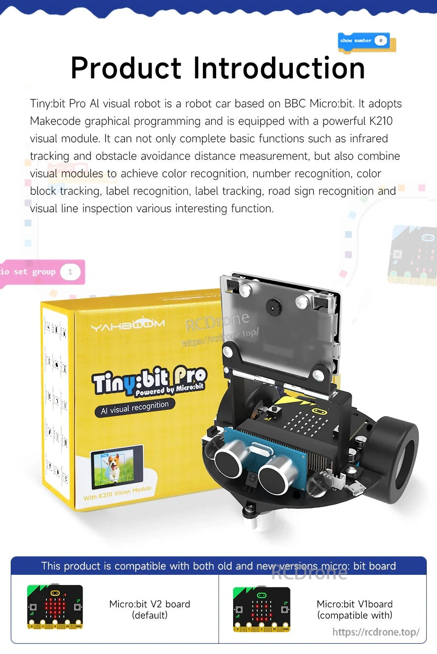 Yahboom Tiny:bit Pro AI Visual Robot kit box and assembled micro:bit car with K210 vision screen
