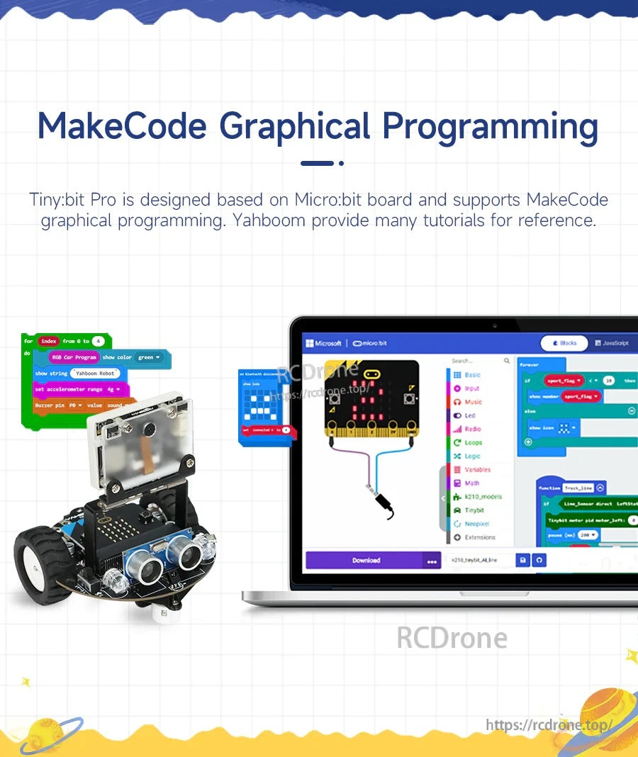 MakeCode graphical programming screen alongside the robot car for block-based coding on micro:bit