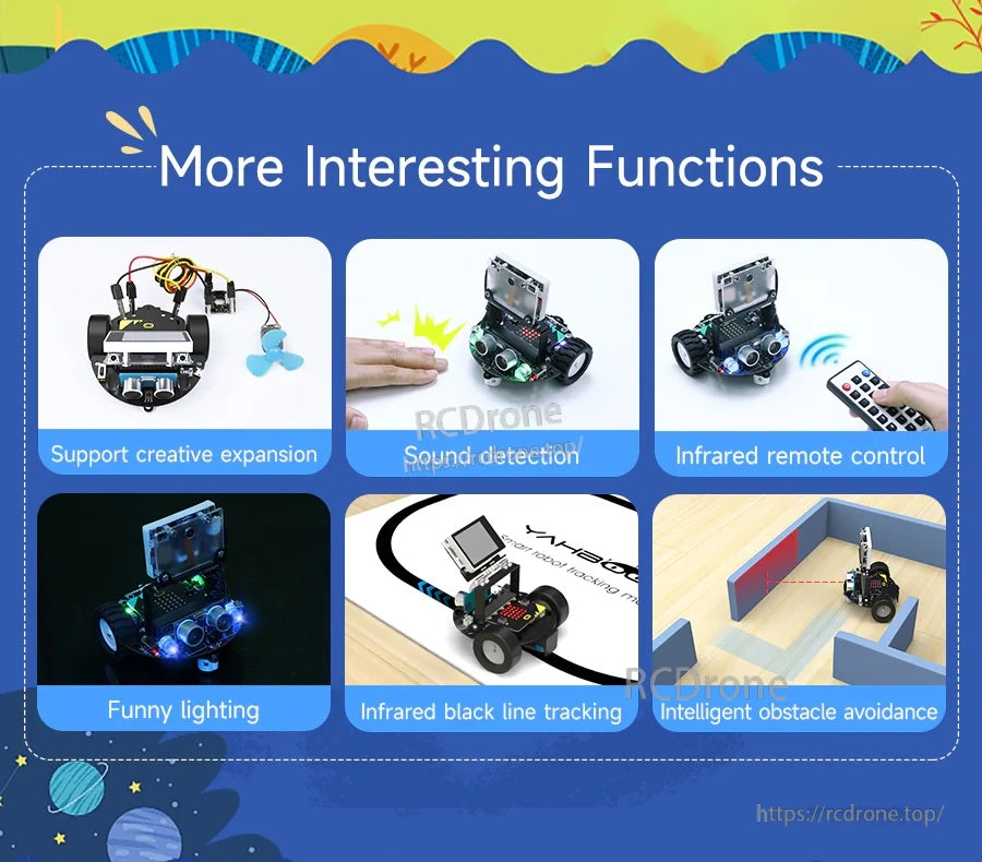 Function collage: creative expansion, sound detection, infrared remote, RGB lighting, line tracking and obstacle avoidance