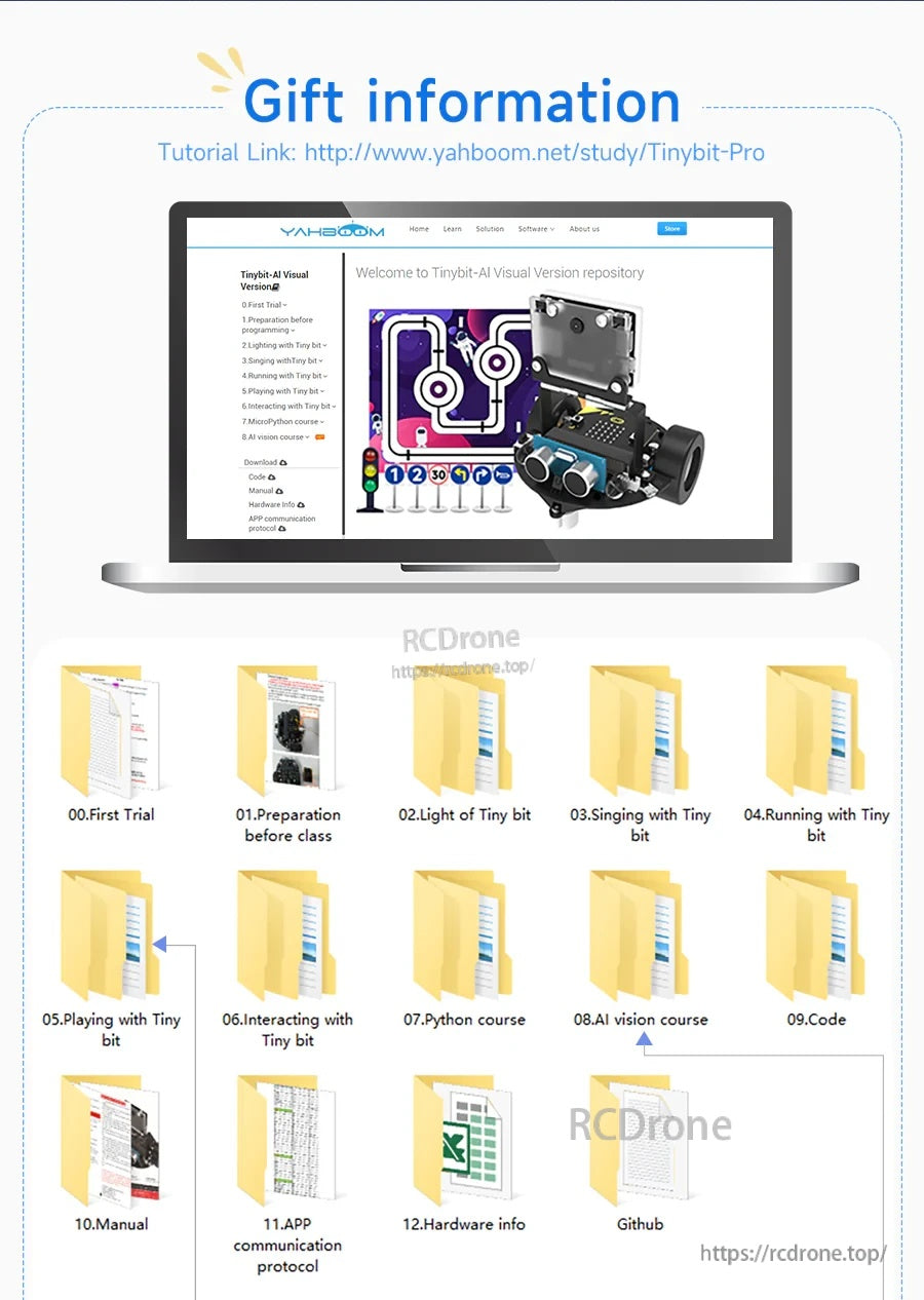 Gift information screen for Yahboom Tiny:bit Pro AI visual robot, showing tutorial link and course file folders