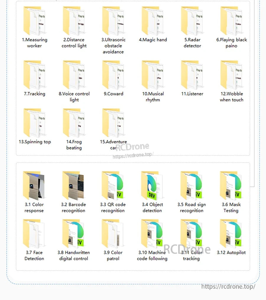 Screenshot of Yahboom Tiny:bit Pro AI visual robot sample project folders for obstacle avoidance, tracking, and recognition