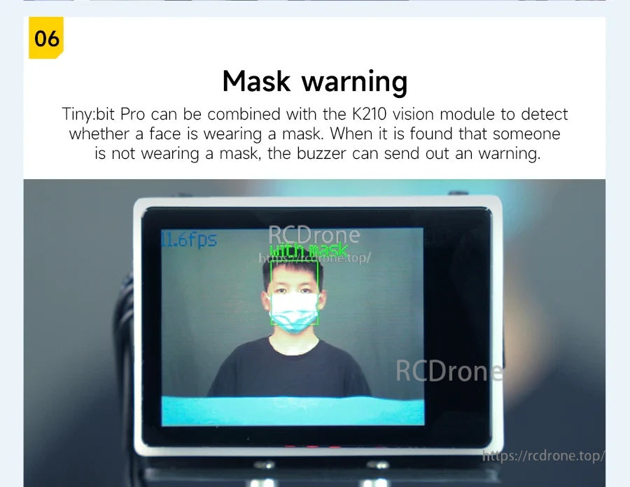 Mask warning demo interface on the K210 screen with a blurred face for privacy