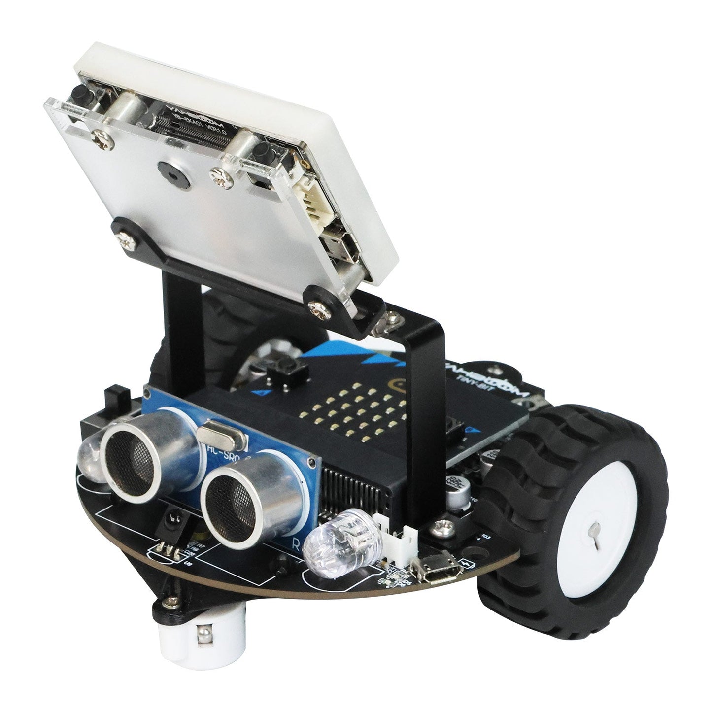 Yahboom Tiny:bit Pro AI Visual Robot car with K210 camera screen mount and ultrasonic sensor, front angle