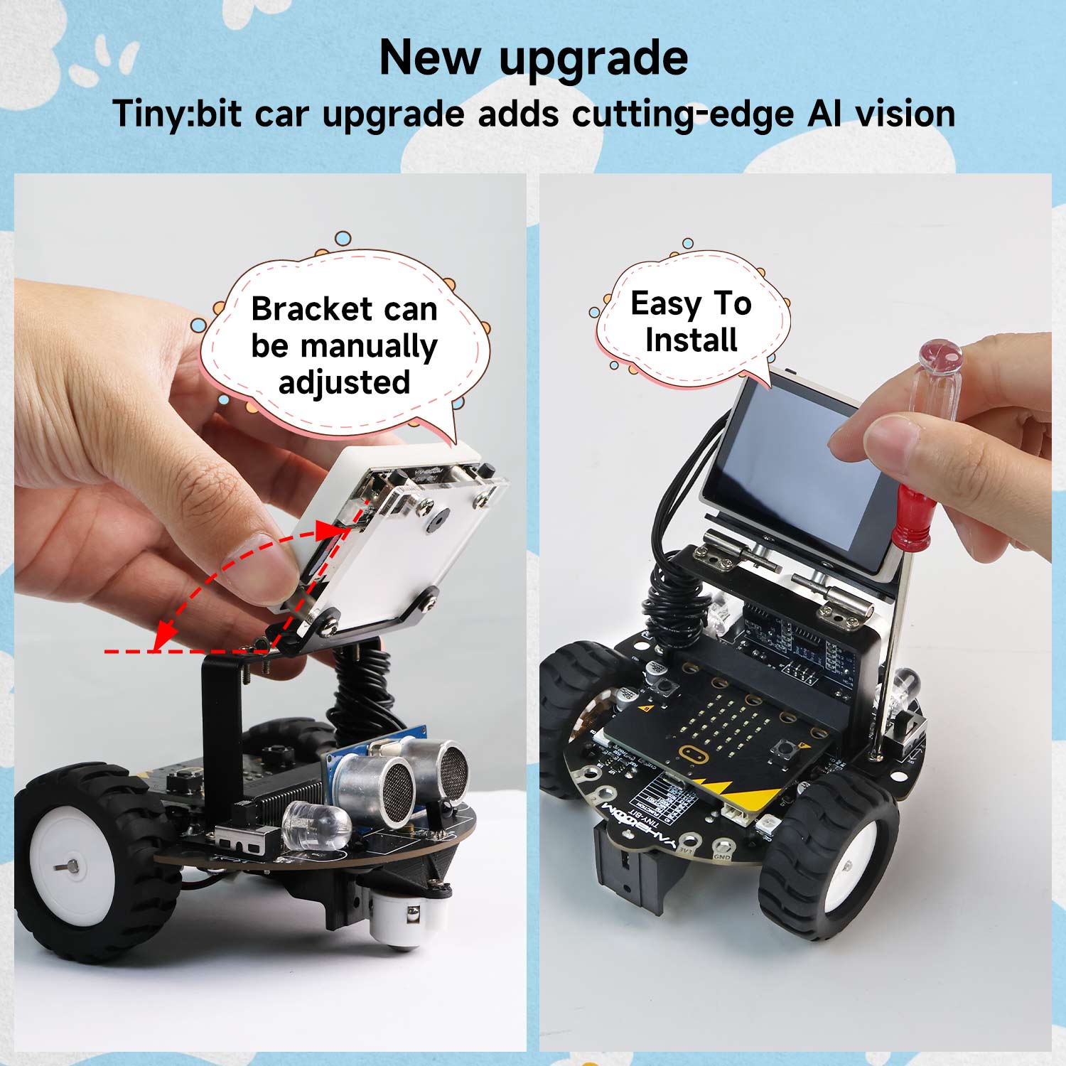 Tiny:bit Pro robot car upgrade graphic showing adjustable camera bracket angle and easy installation with screwdriver