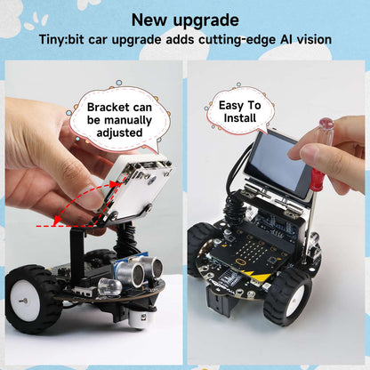 Tiny:bit Pro robot car upgrade graphic showing adjustable camera bracket angle and easy installation with screwdriver