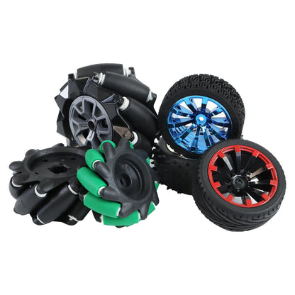 65–97mm wheels collection with mecanum wheels, rubber tires, and hex couplings set on white background