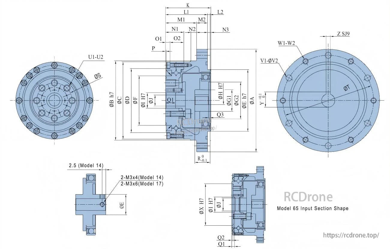Technical drawing of Tlibot Fcs-aj Robot Motor model 65, showing input section dimensions, U1-U2, V1-V2, W1-W2 specs, and various thread sizes.