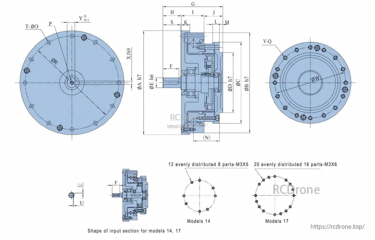 Tlibot Fhs-Aj Robot Motor, Technical drawing of Tlibot Fhs-Aj motor showing dimensions and input shapes for models 14 and 17.