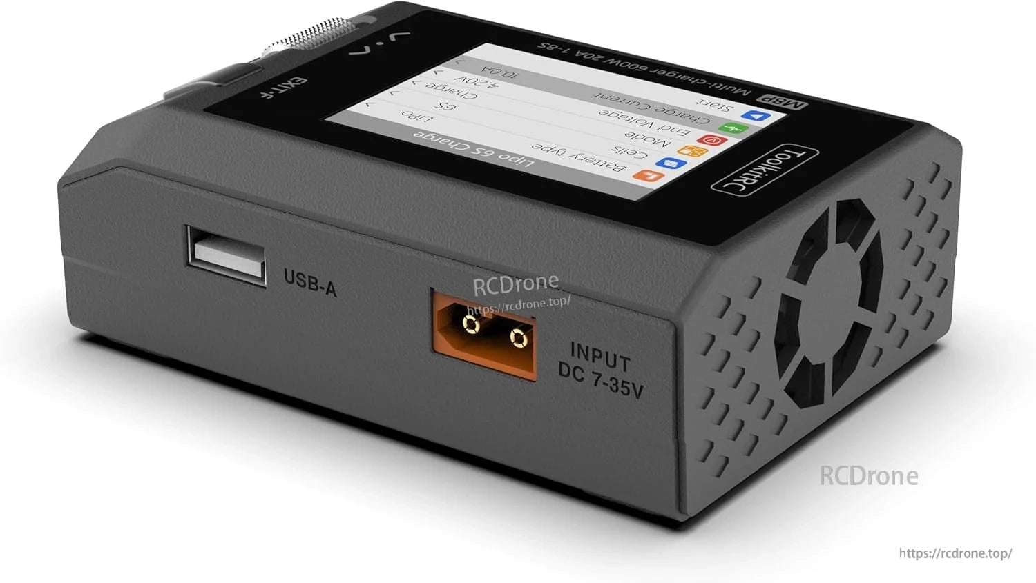 ToolkitRC M8P 600W 20A 1–8S Balance Charger, The M8P 600W charger supports multiple battery types, features a display, USB port, adjustable settings, and efficient cooling. Ideal for RC drones.