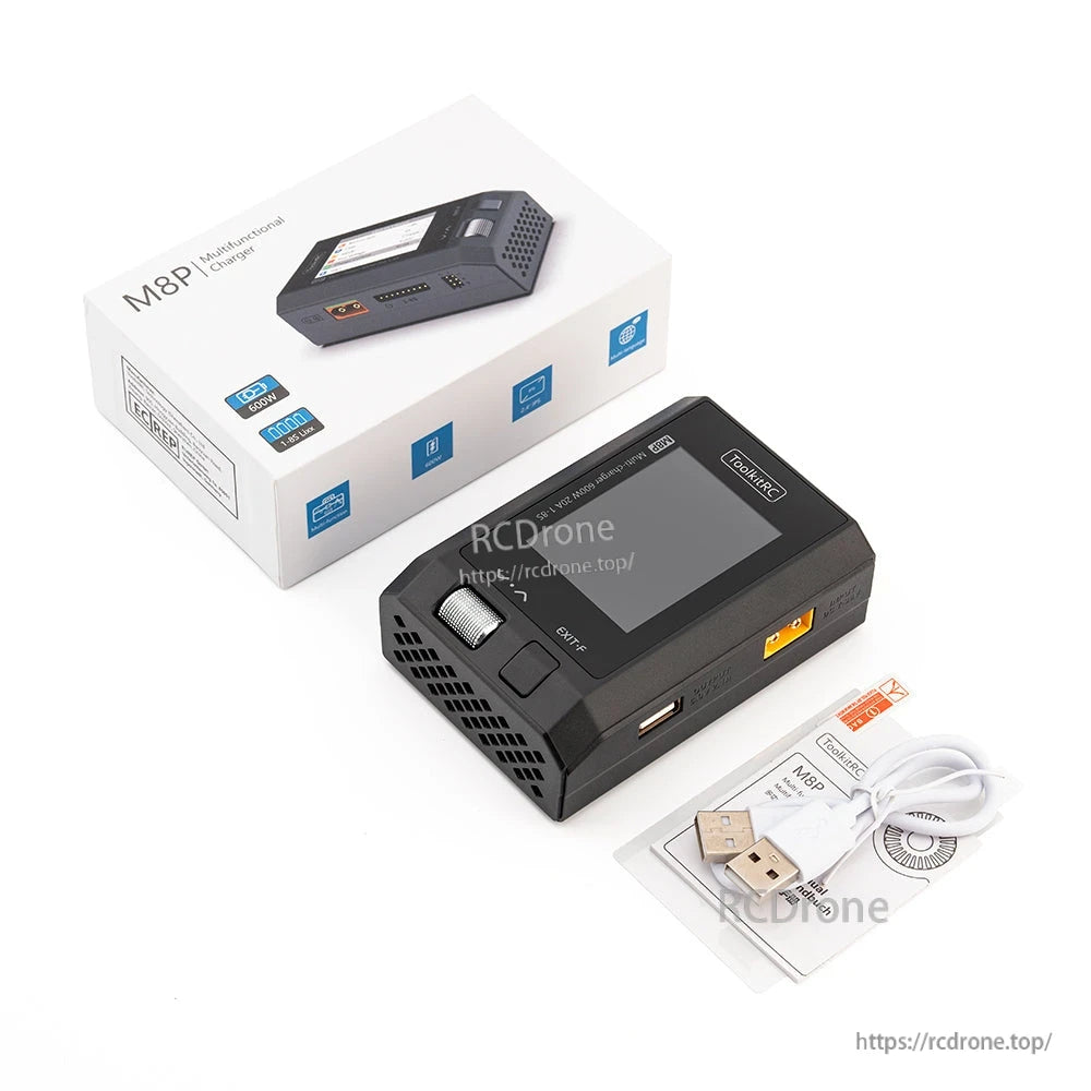 ToolkitRC M8P 600W 20A 1–8S Balance Charger, ToolkitRC M8P 600W 20A charger supports LiPo, LiHV, LiFe, Li-ion, and LTO batteries with 1–8S balance, featuring a 2.4" IPS display for RC drone battery charging.