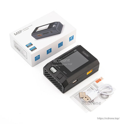 ToolkitRC M8P 600W 20A 1–8S Balance Charger, ToolkitRC M8P 600W 20A charger supports LiPo, LiHV, LiFe, Li-ion, and LTO batteries with 1–8S balance, featuring a 2.4" IPS display for RC drone battery charging.