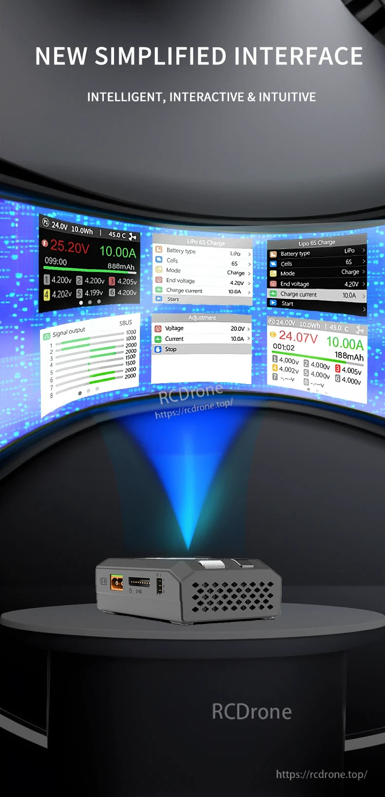 ToolkitRC M8P 600W 20A 1–8S Balance Charger, This charger has an intelligent interface, supports 1-8S cells, detects voltages automatically, and offers multiple charging modes for LiPo batteries.