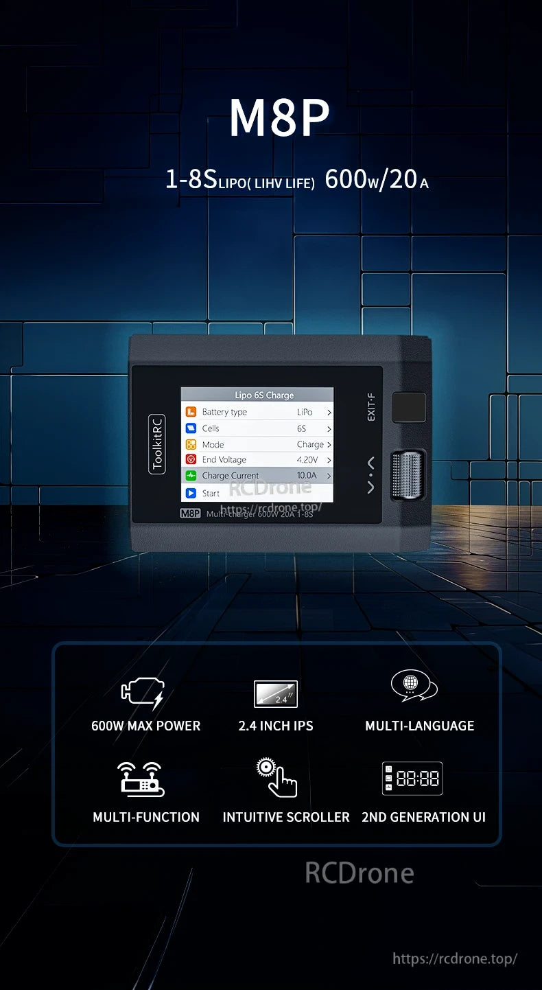 ToolkitRC M8P 600W 20A 1–8S Balance Charger, Toolkit charger supports 1-8S LiPo batteries with up to 20A charge current, featuring a 2.4-inch display and multi-language support.