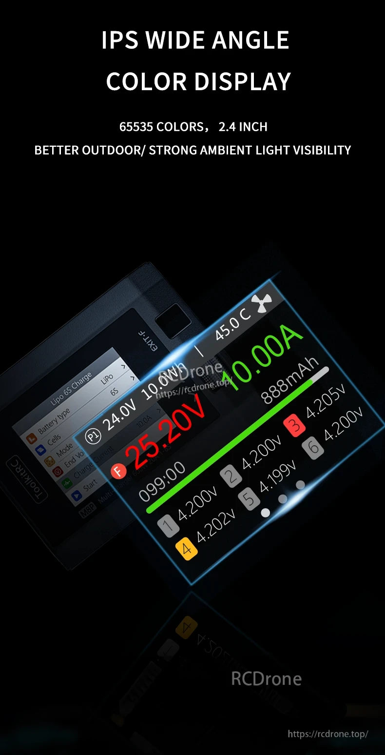 ToolkitRC M8P 600W 20A 1–8S Balance Charger, Balanced charger for 1-8S lithium-ion batteries with color display and strong ambient light visibility.