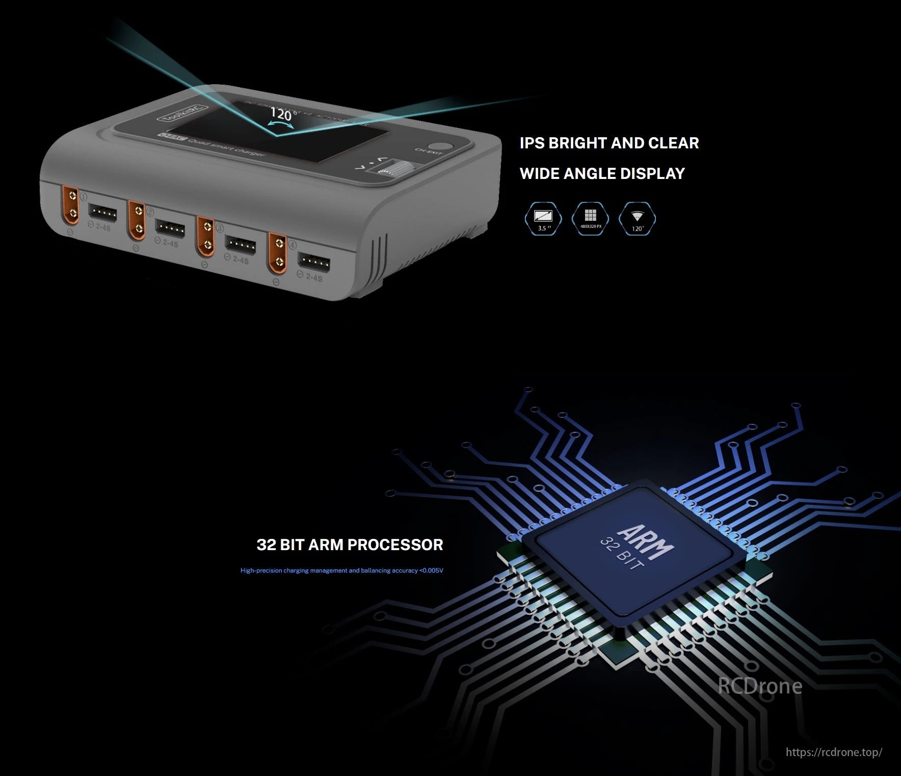 ToolkitRC Q4AC 1-4S Charger features a vibrant IPS display and a 32-bit ARM processor for accurate charging.