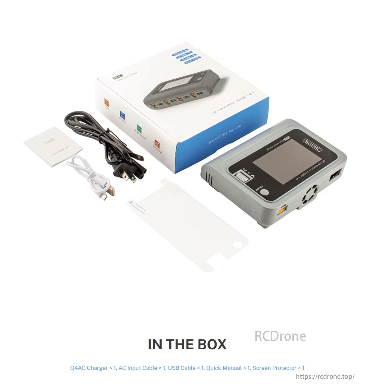 ToolkitRC Q4AC 1-4S Charger box contains charger, cables, manual, and screen protector.