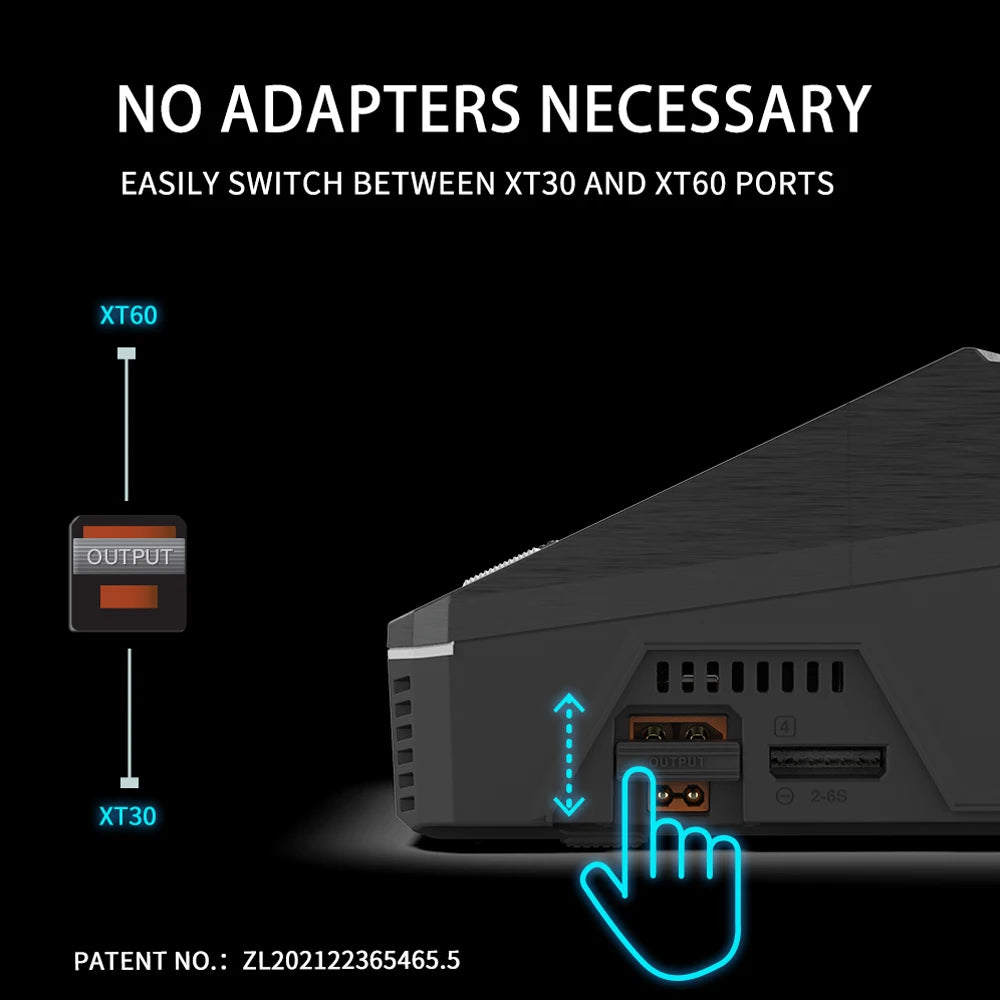 ToolkitRC Q6AC 1-6S Lipo Battery Charger, Easily switch between XT30 and XT60 ports, no adapters necessary.