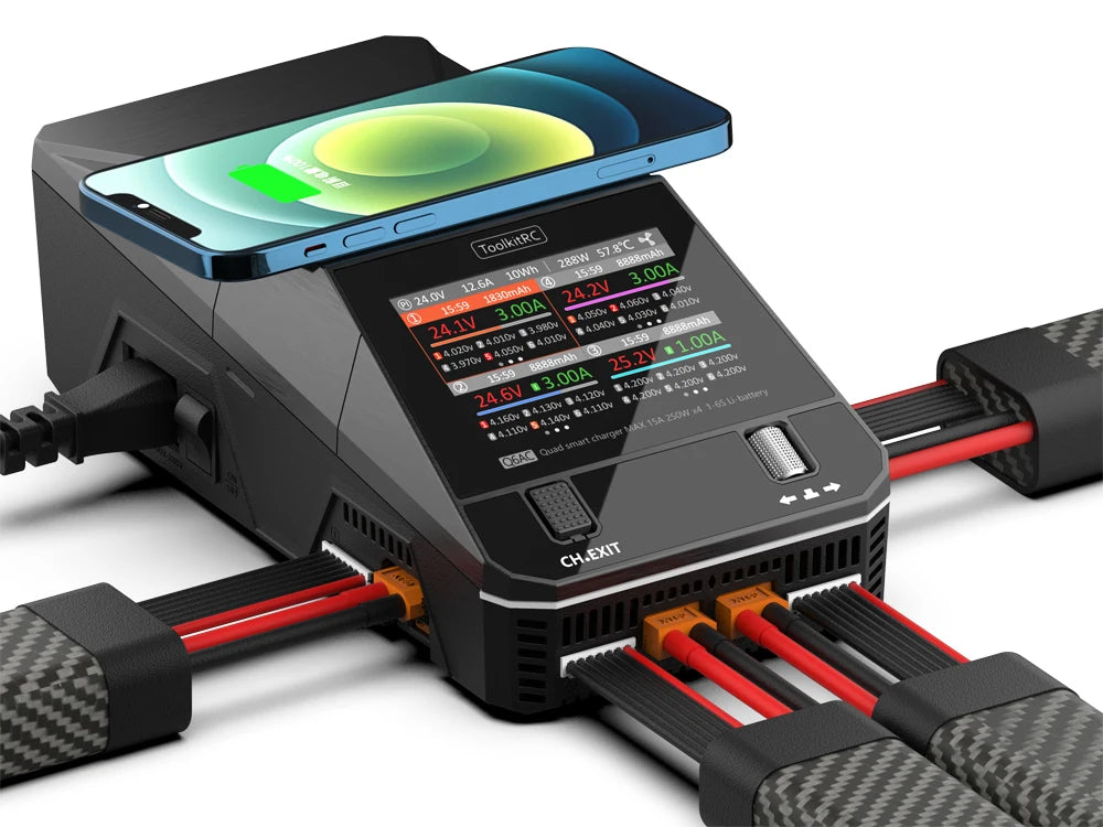 ToolkitRC Q6AC 1-6S Lipo Battery Charger, The device continues charging when a battery is full and connects to the next one.