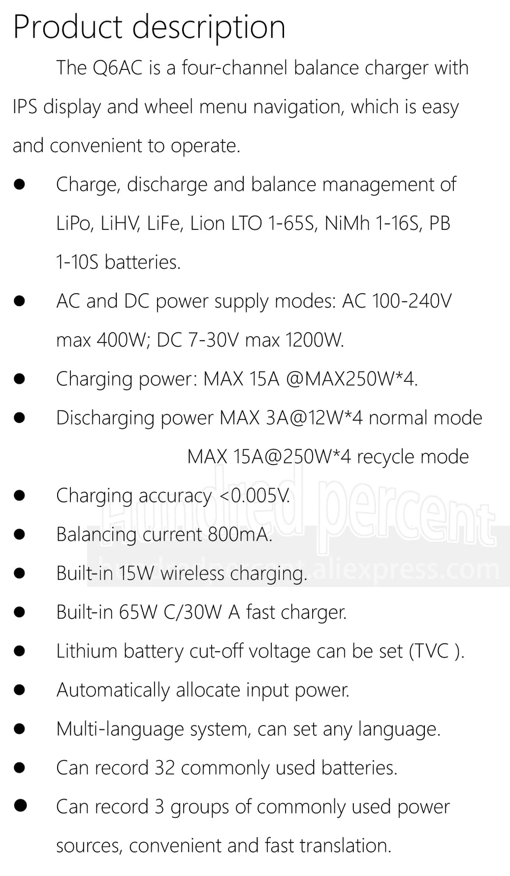 ToolkitRC Q6AC 1-6S Lipo Battery Charger, A four-channel balance charger with IPS display, supporting various battery types, with features like wireless charging, fast charging, and adjustable cut-off voltage.