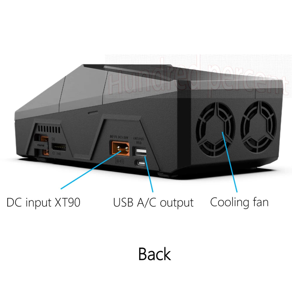 ToolkitRC Q6AC 1-6S Lipo Battery Charger, The Toolkit RC battery charger has DC input, 20V IC, and AC output with a cooling fan for efficient charging.