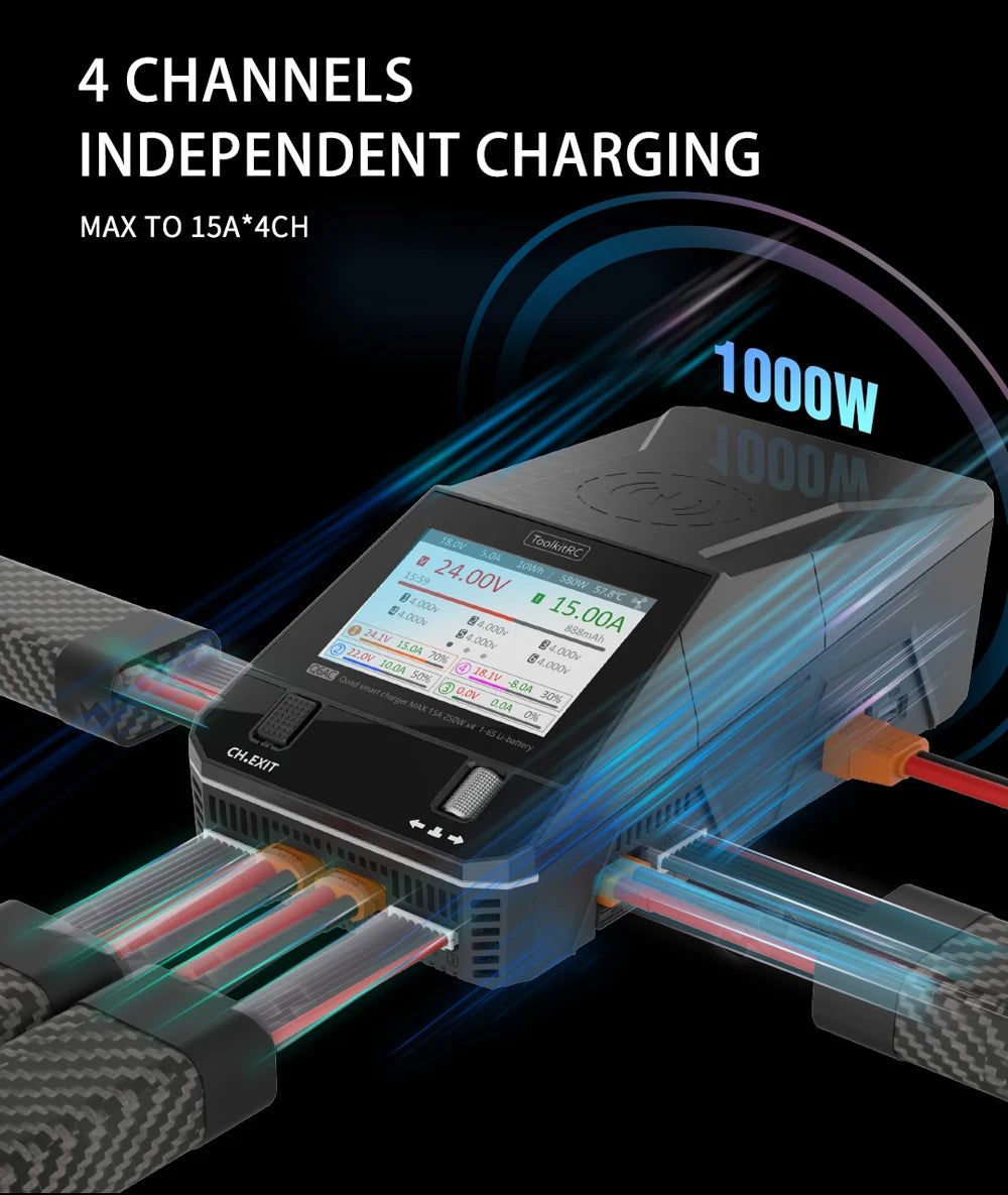 ToolkitRC Q6AC 1-6S Lipo Battery Charger, Toolkit for charging FPV drone batteries with up to 4 channels and 15A current.